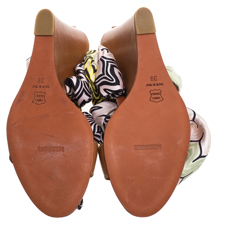 Pre Owned Missoni Brown Leather And Multicolor Silk Ribbon Ankle Wrap Wedge Sandals Size 39
