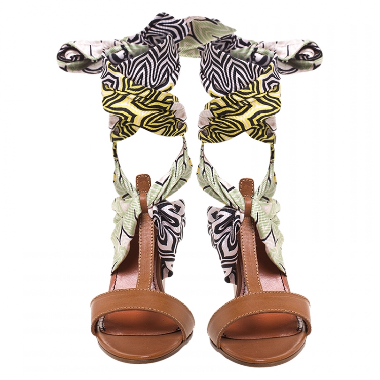 Pre Owned Missoni Brown Leather And Multicolor Silk Ribbon Ankle Wrap Wedge Sandals Size 39