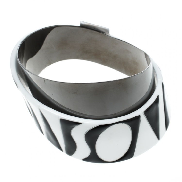 Pre Owned Missoni Monochrome Logo Resin Gunmetal Tone Cuff Bracelet