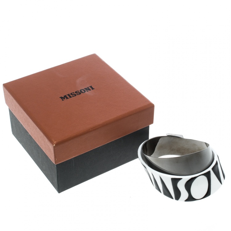 Pre Owned Missoni Monochrome Logo Resin Gunmetal Tone Cuff Bracelet