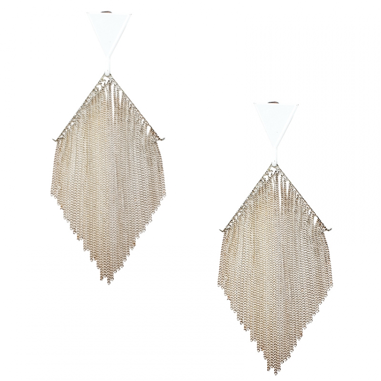 Pre Owned Missoni Fringe White Coated Silver Tone Clip-on Long Earrings 