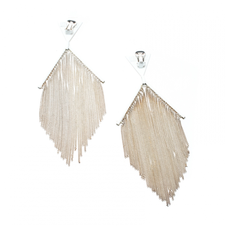 Pre Owned Missoni Fringe White Coated Silver Tone Clip-on Long Earrings 