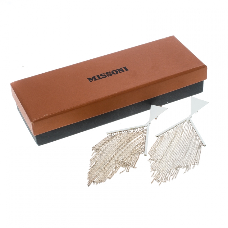 Pre Owned Missoni Fringe White Coated Silver Tone Clip-on Long Earrings 