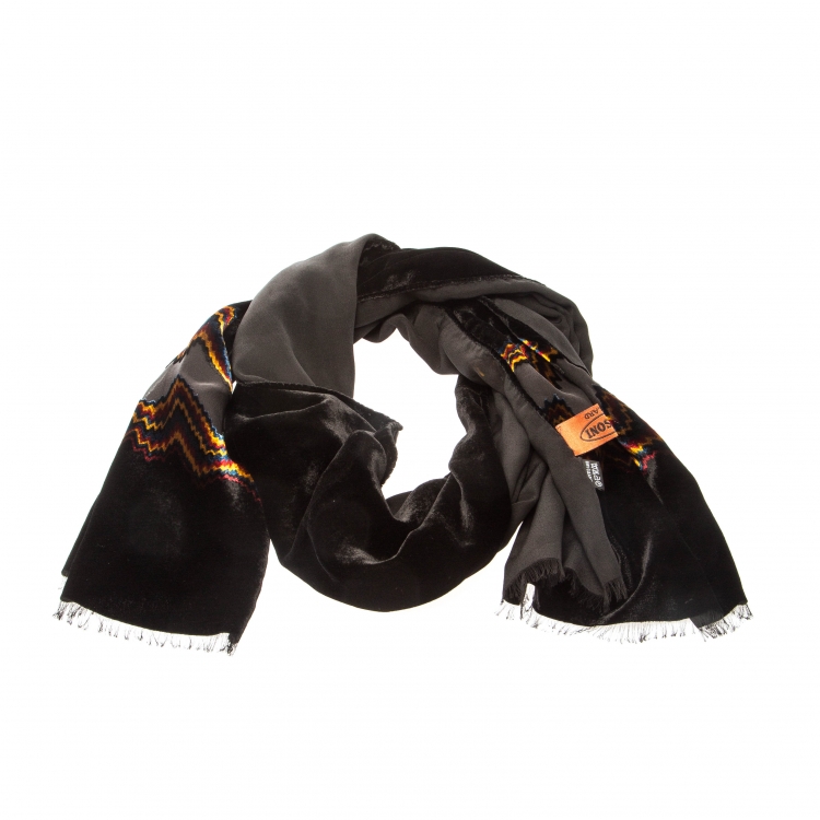 Pre Owned Missoni Black Velvet Chevron Patterned Burnout Detail Scarf