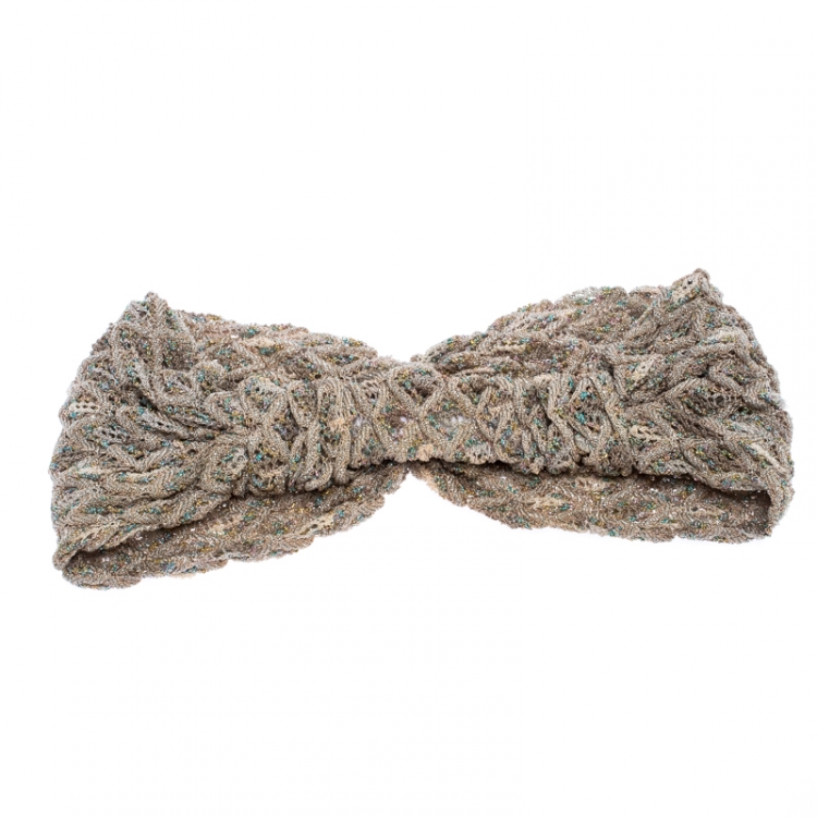 Pre Owned Missoni Ivory Lurex Feathered Crochet Knit Headband 