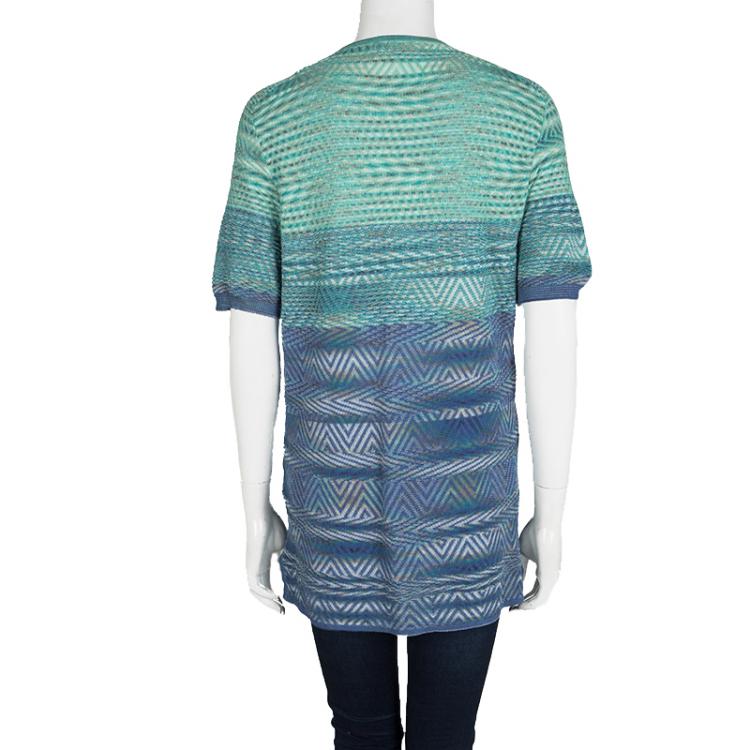 Pre Owned Missoni Blue Patterned Cotton Knit Short Sleeve Top L