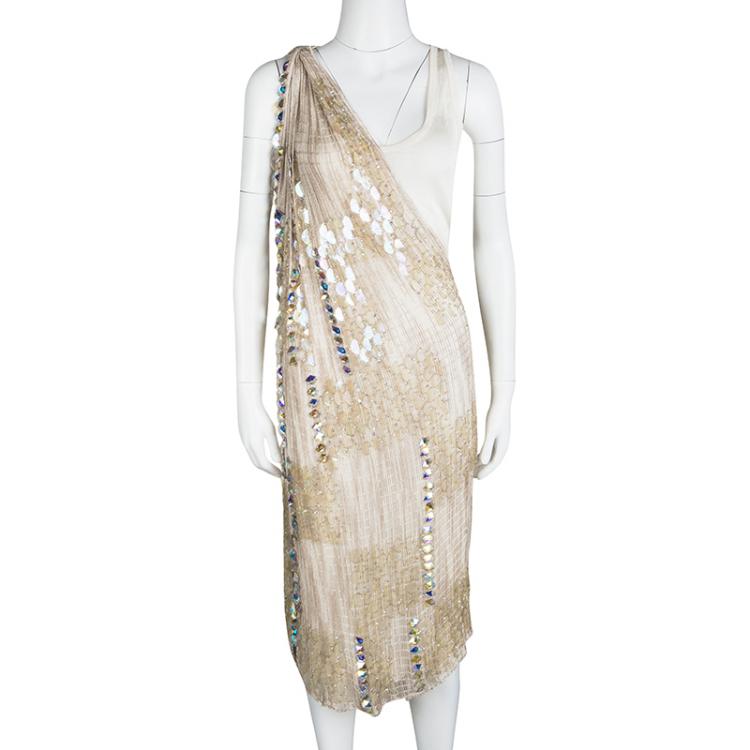 Pre Owned Missoni Beige Perforated Knit Embellished One Shoulder Dress S