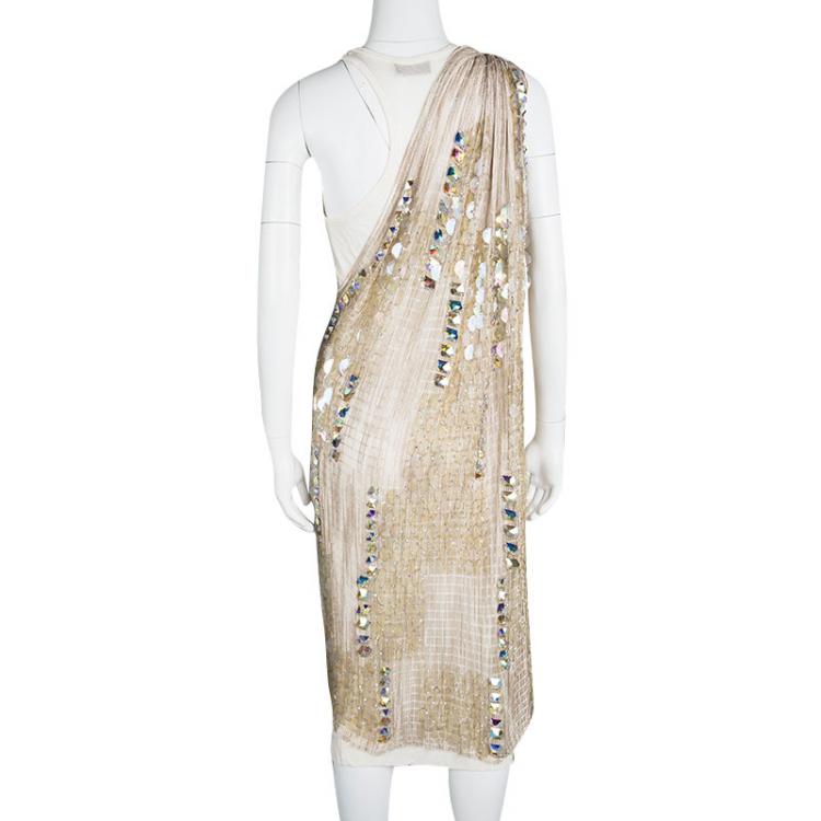 Pre Owned Missoni Beige Perforated Knit Embellished One Shoulder Dress S