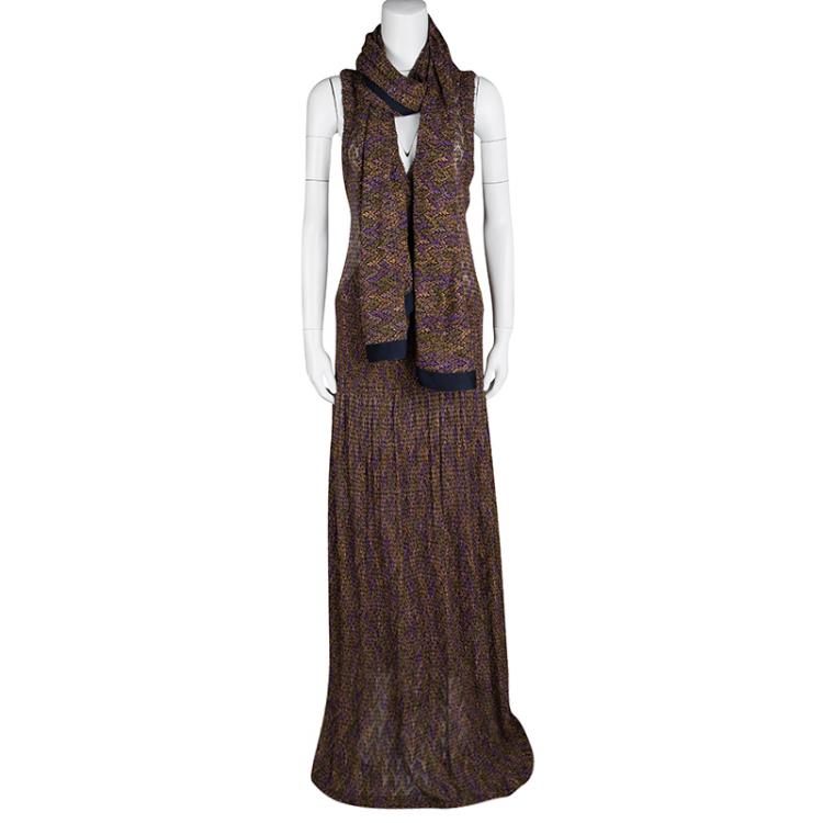 Pre Owned Missoni Multicolor Perforated Lurex Knit Sleeveless Maxi Dress and Scarf Set L