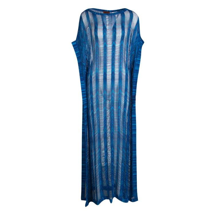 Pre Owned Missoni Mare Blue Chevron Pattern Cutout Knit Beach Cover Up Maxi Dress M