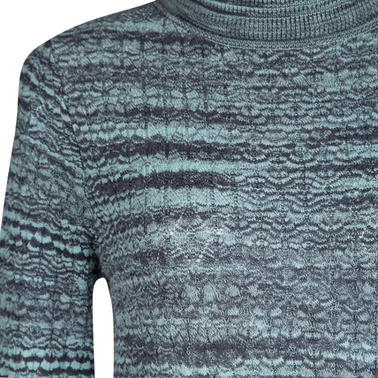 Pre Owned Missoni Blue and Grey Perforated Wool Turtle Neck Sweater S