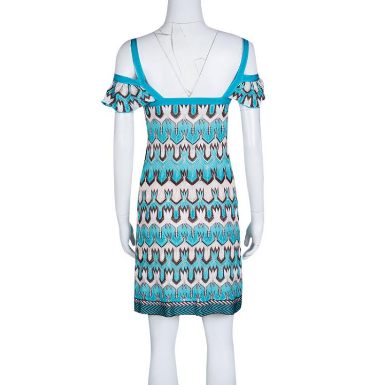 مملوكة مسبقًا Missoni Blue and Brown Perforated Patterned Knit Cold Shoulder Dress S