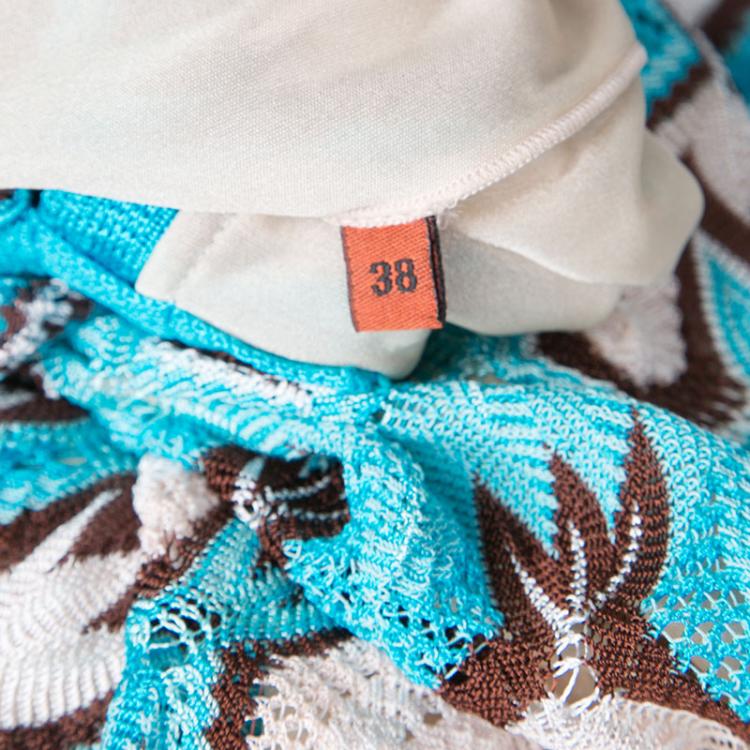 مملوكة مسبقًا Missoni Blue and Brown Perforated Patterned Knit Cold Shoulder Dress S