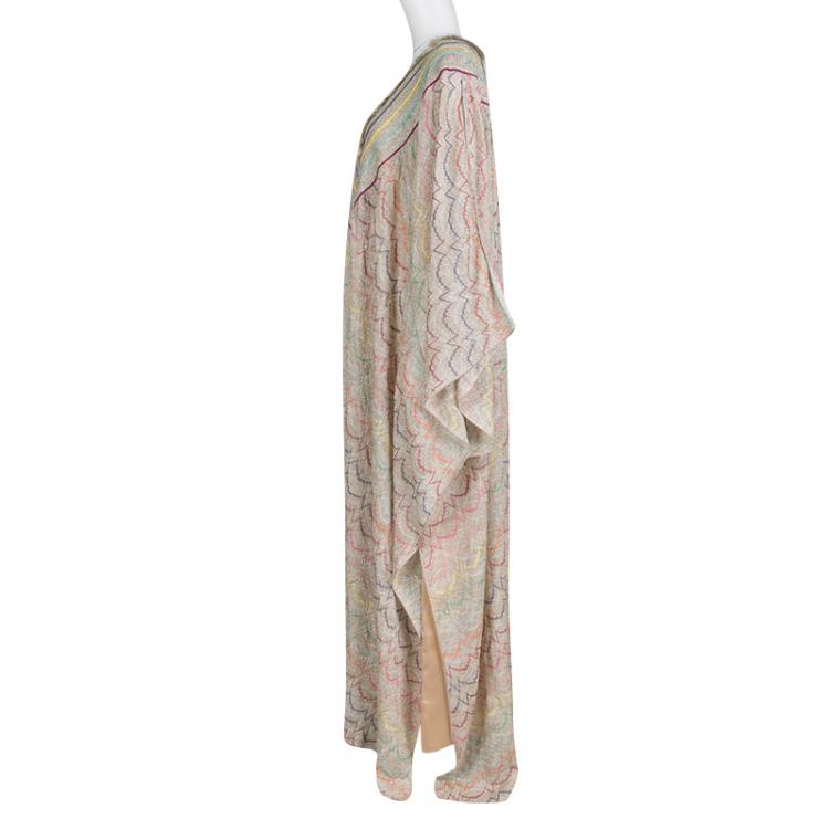 Pre Owned Missoni Beige Patterned Lurex Knit Fringed Neckline Kaftan S