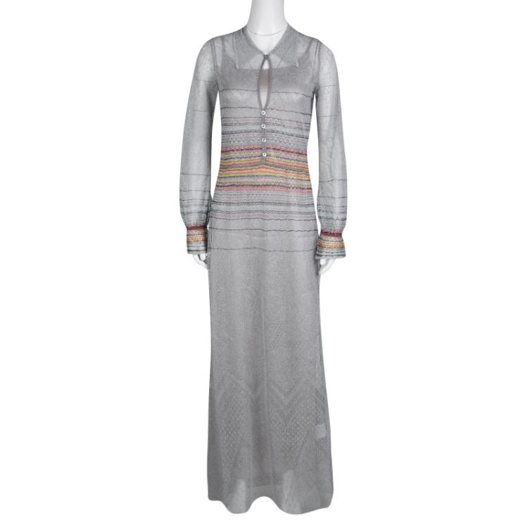 Pre Owned Missoni Grey Perforated Lurex Knit Detail Long Sleeve Maxi Dress S