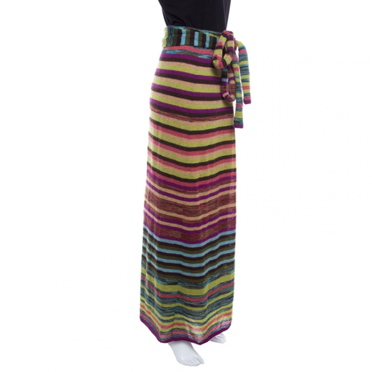 Pre Owned Missoni Multicolor Striped Knit Elasticized Waist Tie Detail Midi Skirt L