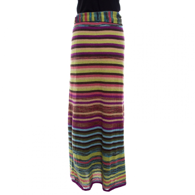 Pre Owned Missoni Multicolor Striped Knit Elasticized Waist Tie Detail Midi Skirt L