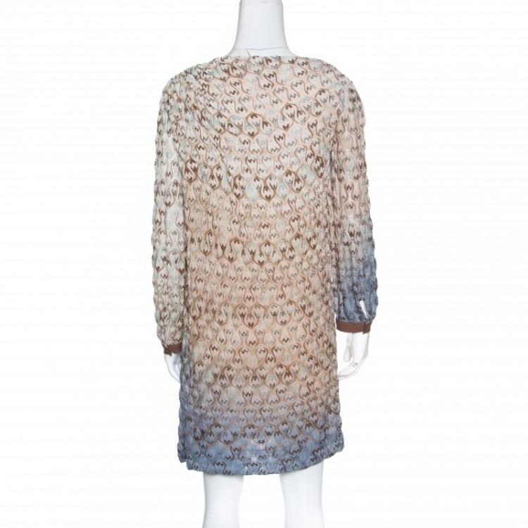 Pre Owned Missoni Brown and Blue Ombre Perforated Knit Draped Front Shift Dress M