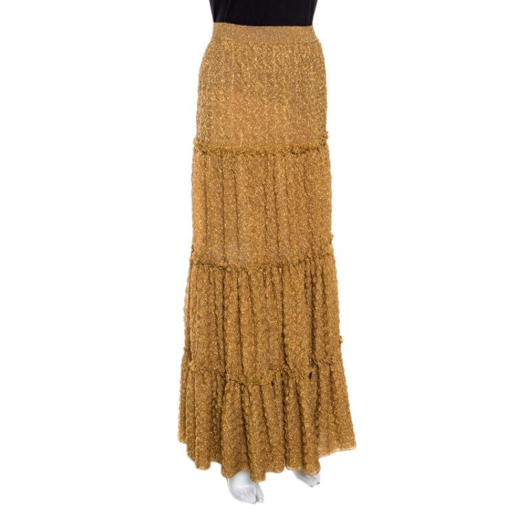 Pre Owned Missoni Metallic Gold Tiered Ruffle Detail Maxi Skirt S