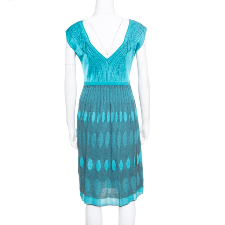 Pre Owned M Missoni Blue Patterned Knit Plunge Neck Sleeveless Dress L