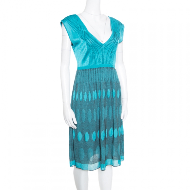 Pre Owned M Missoni Blue Patterned Knit Plunge Neck Sleeveless Dress L