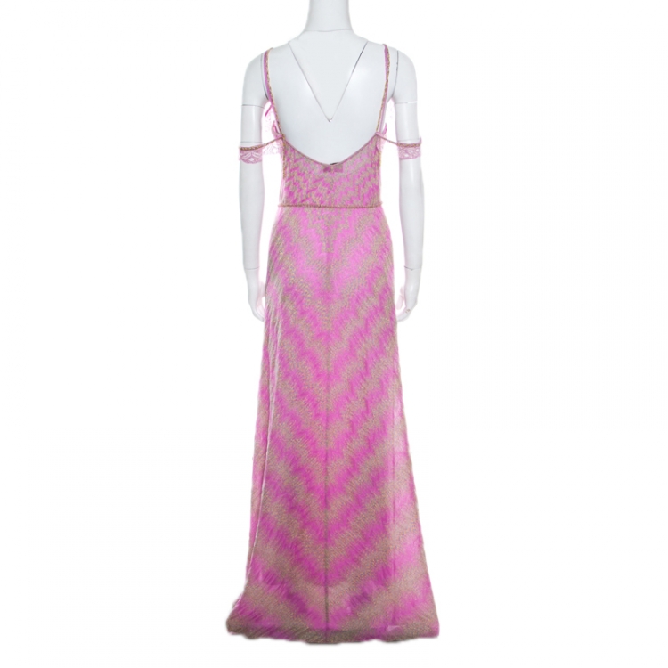 Pre Owned Missoni Pink Zig Zag Patterned Lurex Knit Sleeveless Maxi Dress S