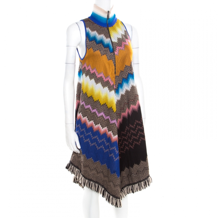 Pre Owned Missoni Multicolor Chevron Pattern Knit Fringed Bottom Sleeveless A Line Dress S