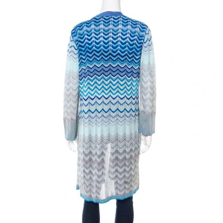 Pre Owned Missoni Blue Lurex Perforated Knit Chevron Pattern Open Front Cardigan L