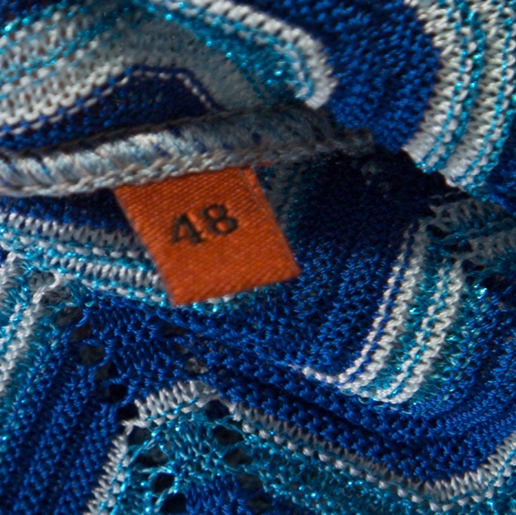 Pre Owned Missoni Blue Lurex Perforated Knit Chevron Pattern Open Front Cardigan L