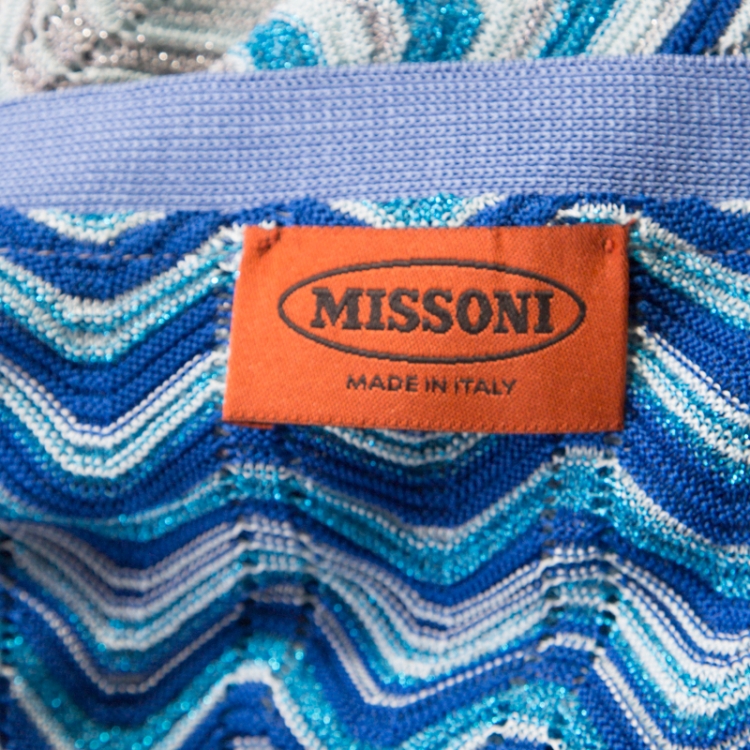Pre Owned Missoni Blue Lurex Perforated Knit Chevron Pattern Open Front Cardigan L