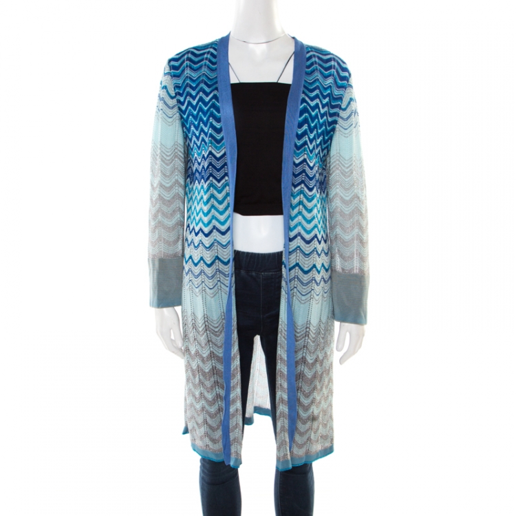 Pre Owned Missoni Blue Lurex Perforated Knit Chevron Pattern Open Front Cardigan L