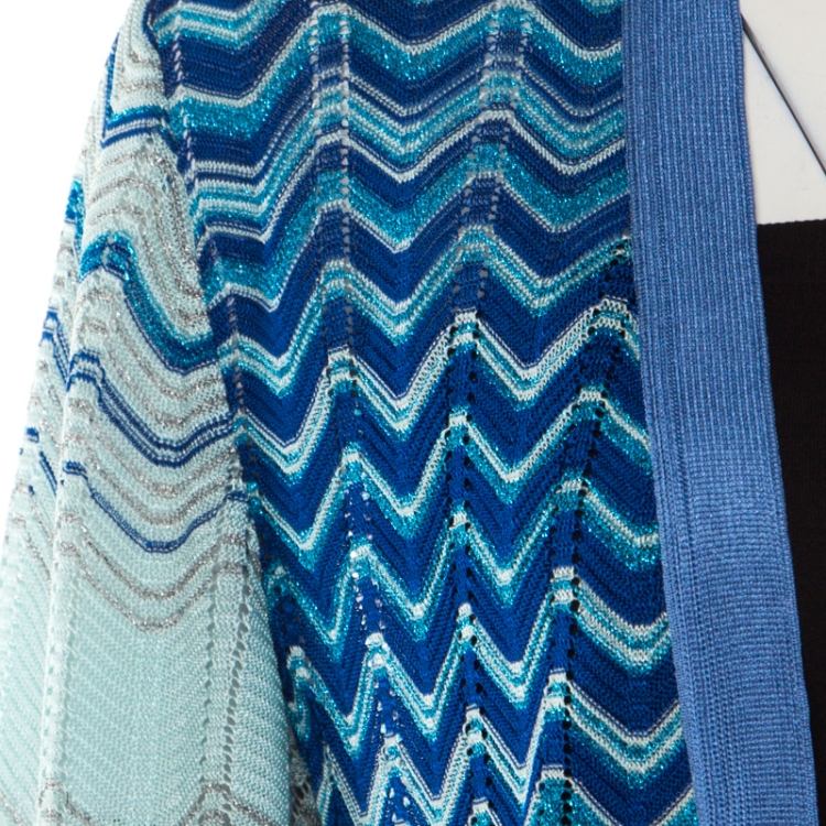 Pre Owned Missoni Blue Lurex Perforated Knit Chevron Pattern Open Front Cardigan L