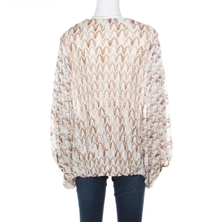 Pre Owned Missoni Pink and Brown Perforated Knit Plunge Neck Kaftan Top M