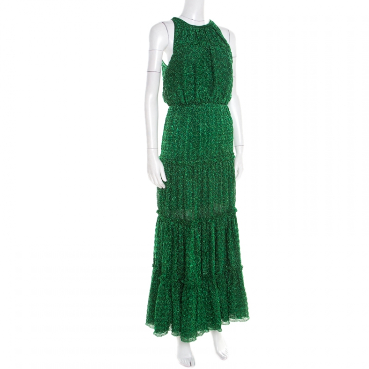 Pre Owned Missoni Metallic Green Knit Neck Tie Detail Tiered Maxi Dress and Fringed Wrap Set M