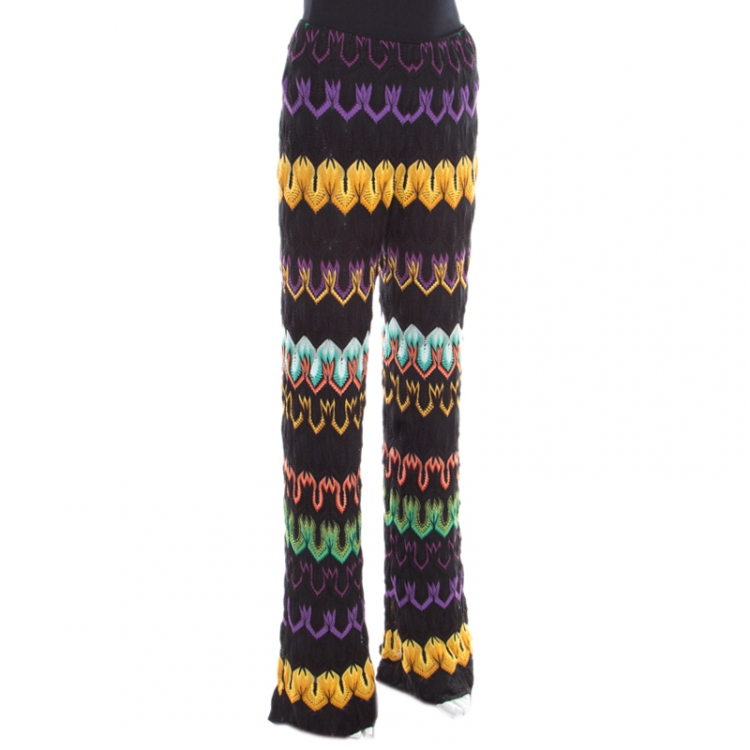 Pre Owned Missoni Multicolor Patterned Perforated Knit Elasticized Waist Wide Leg Pants M