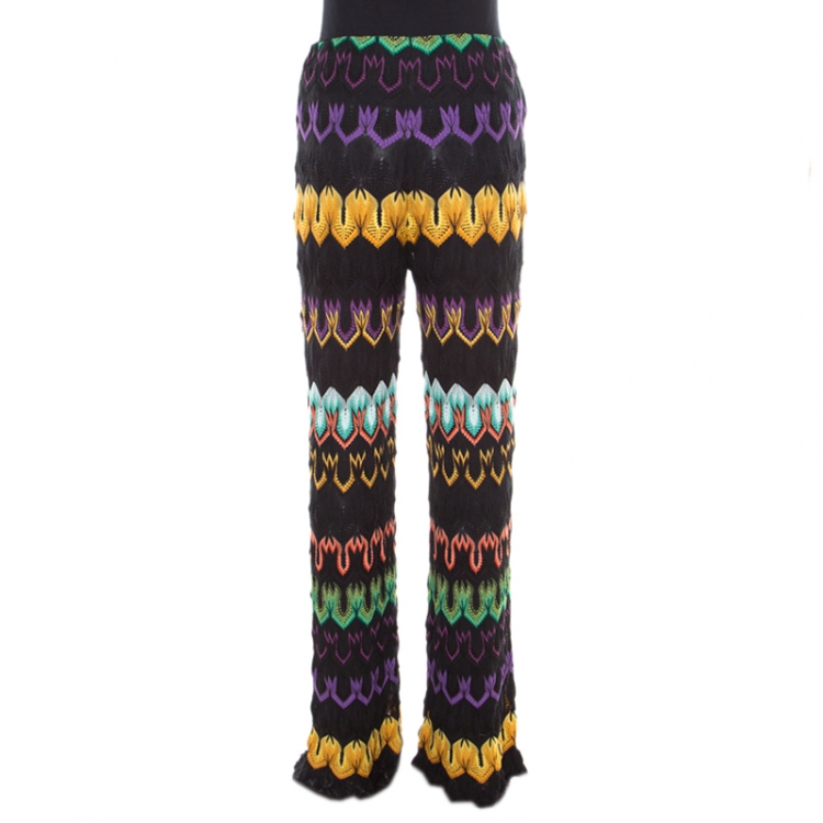 Pre Owned Missoni Multicolor Patterned Perforated Knit Elasticized Waist Wide Leg Pants M