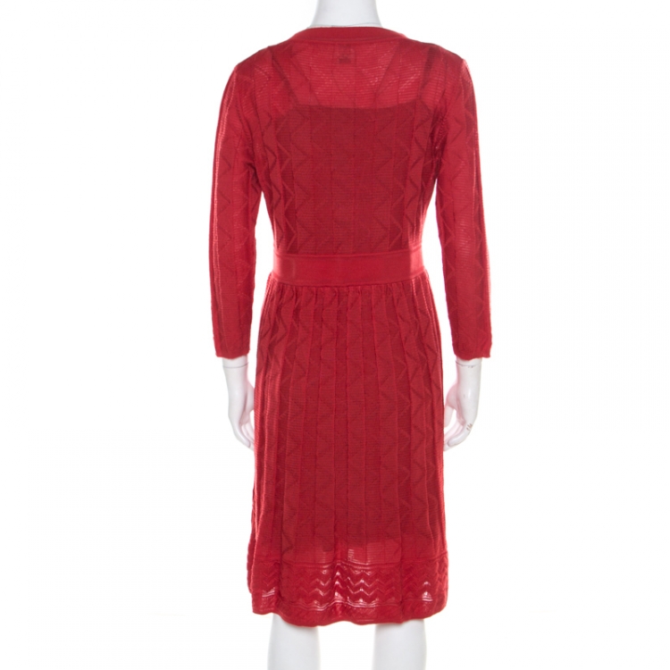 مملوكة مسبقًا M Missoni Red Stretch Knit Long Sleeve Fit and Flare Dress L