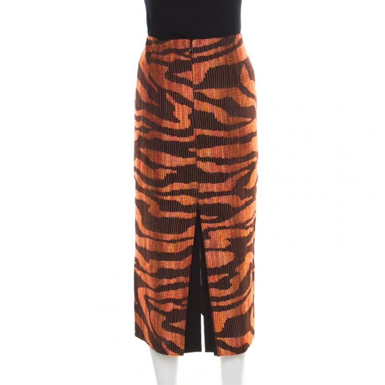 Pre Owned Missoni Black and Orange Textured Woven Slit Detail Midi Skirt L