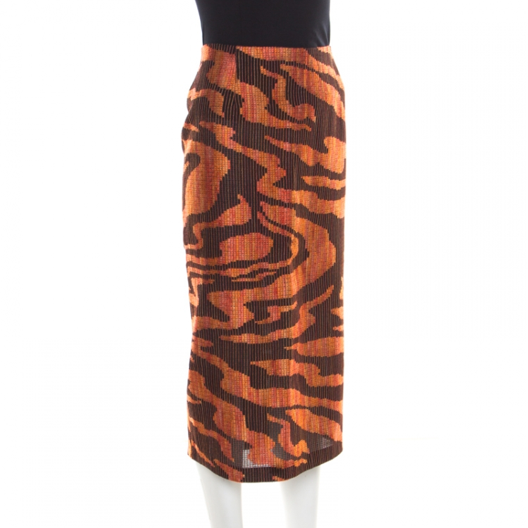 Pre Owned Missoni Black and Orange Textured Woven Slit Detail Midi Skirt L