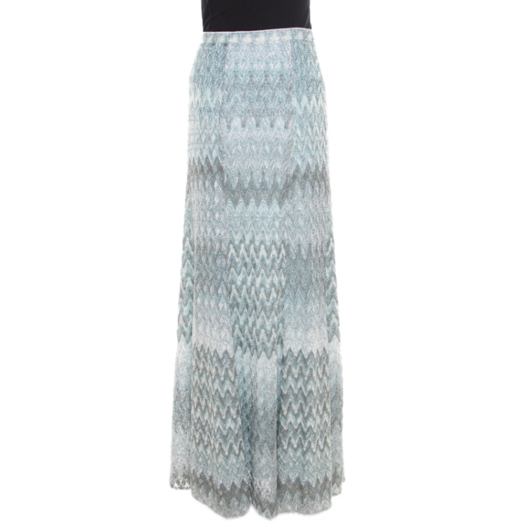 Pre Owned Missoni Blue and Silver Chevron Pattern Perforated Lurex Knit Maxi Skirt L