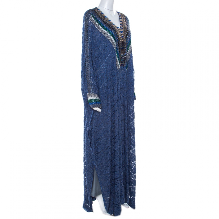 Missoni Navy Blue Lurex Knit Embellished Maxi Kaftan Dress M Missoni TLC