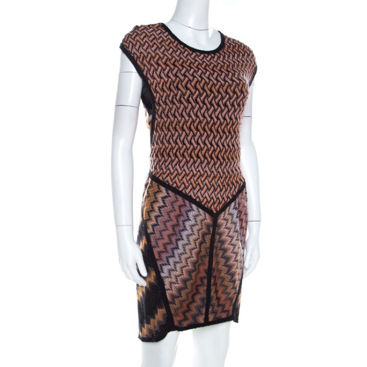 Pre Owned Missoni Brown Patterned Jacquard Knit Sleeveless Dress M 