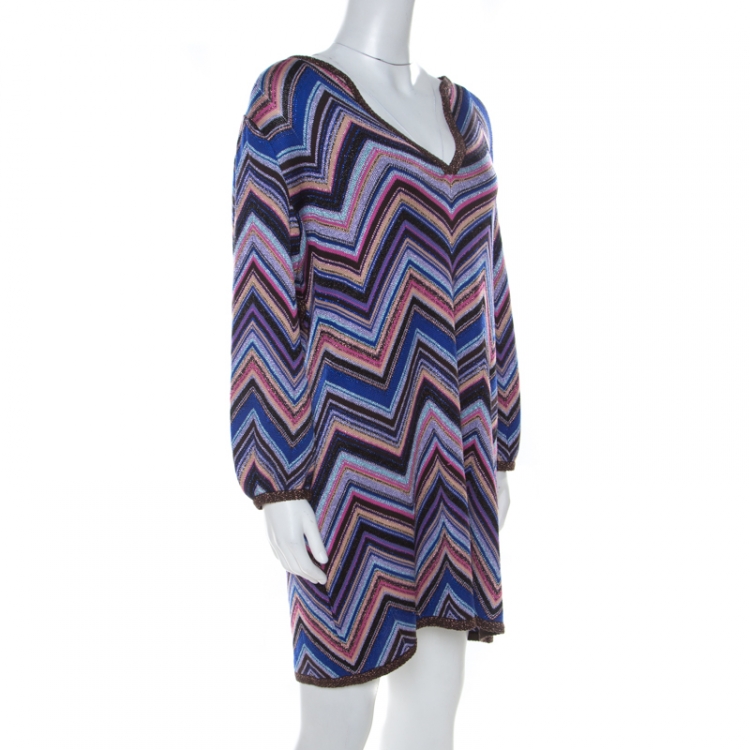مملوكة مسبقًا Missoni Multicolor Chevron Pattern Lurex Knit Short Dress L 