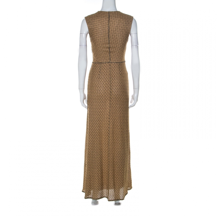 Pre Owned Missoni Gold Lurex & Black Chevron Pattern Deep V-Neck Long Knit Dress S