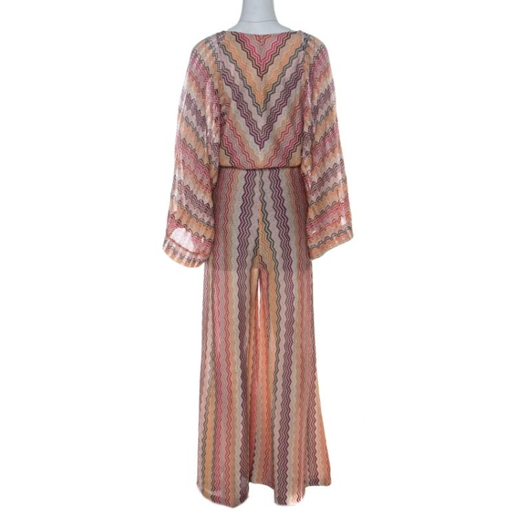Pre Owned M Missoni Multicolour Chevron Crochet Knit Drawstring Waist Long Sleeve Lurex Jumpsuit S