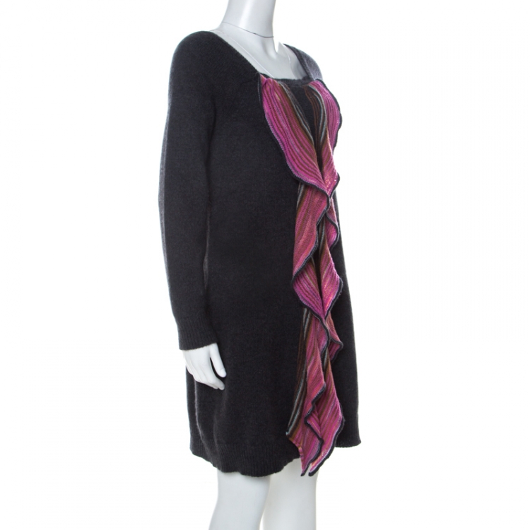 Pre Owned Missoni Grey and Pink Wool Ruffle Front Detail Tunic Sweater L 