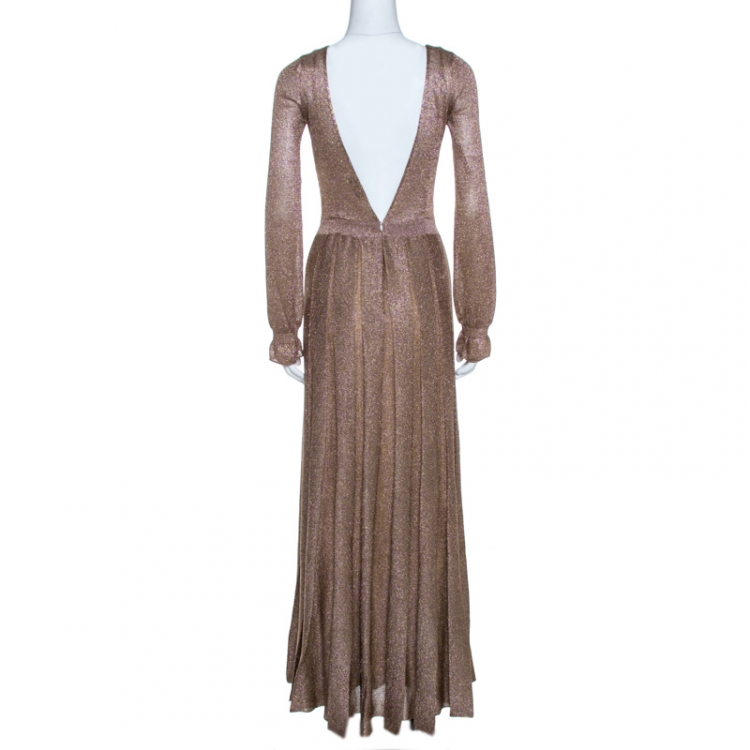 Pre Owned Missoni Gold Lurex Knit Plunge Back Pleated Gown S