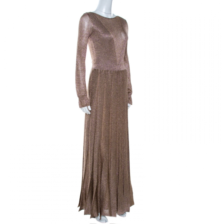 Pre Owned Missoni Gold Lurex Knit Plunge Back Pleated Gown S