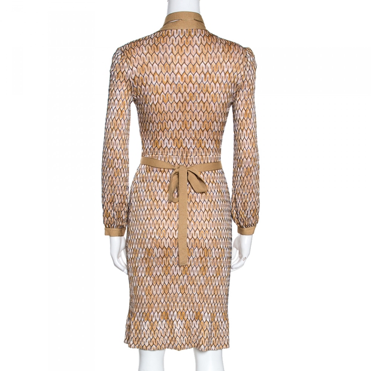 Pre Owned Missoni Yellow Ochre Zig Zag Textured Knit Wrap Dress S