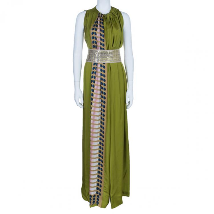 Pre Owned Missoni Green Printed Panel Sequin Belt Gown S